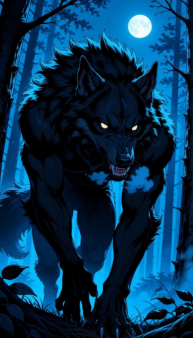 A black-furred male werewolf prowls through a misty forest under the light of the full moon. Driven by an insatiable hun