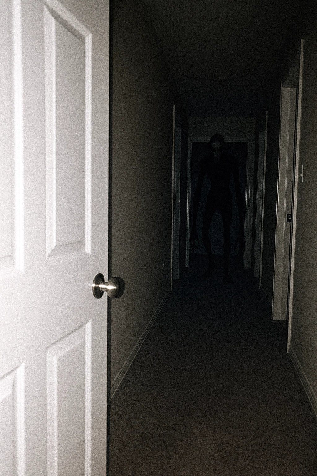 candid night shot with smart phone camera of a house's bedroom hallway at night, in the dorground the bedroom door cover