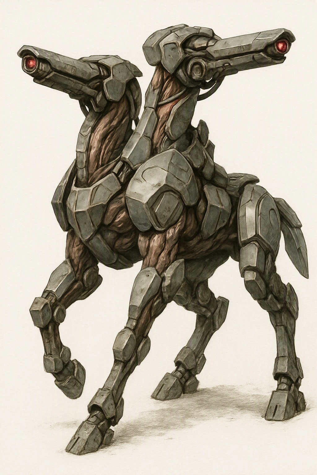 rpg style art. a sci-fi combat mecha. a hexapod creature with the general form of a horse. it is a distinct scary mix of
