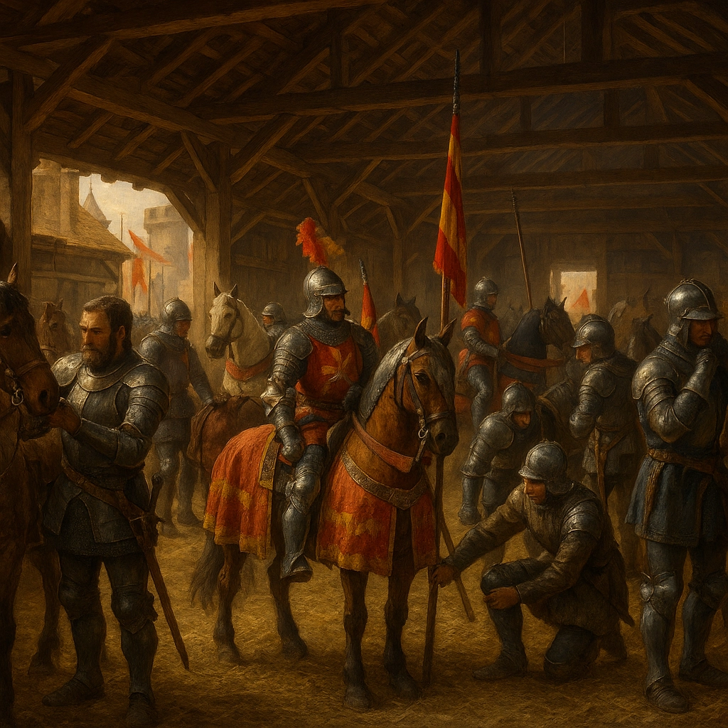 "Medieval stables bustling with knights preparing for a grand tournament