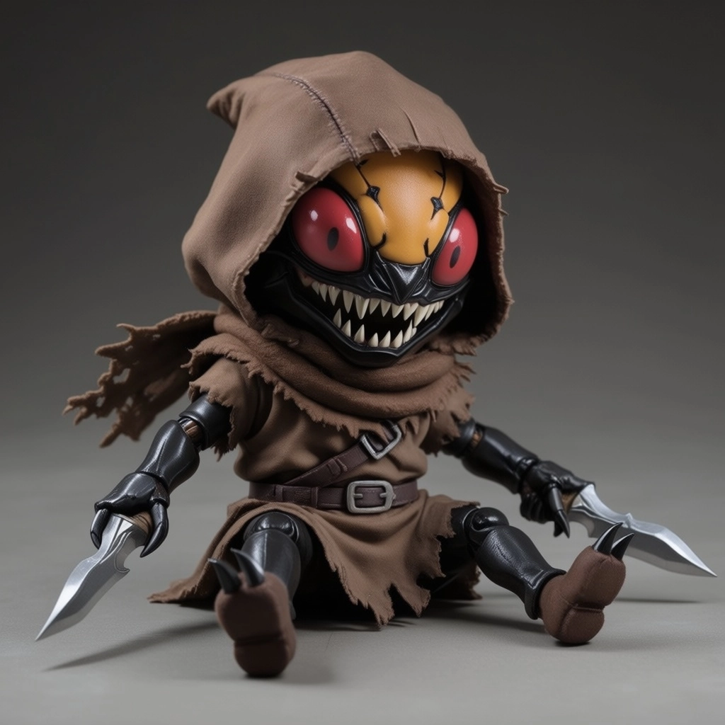 male, insectoid,  chibi, insect face, sharp teeth, dark tan coloured chitin hide, insectoid  arms and legs, claws,  red 