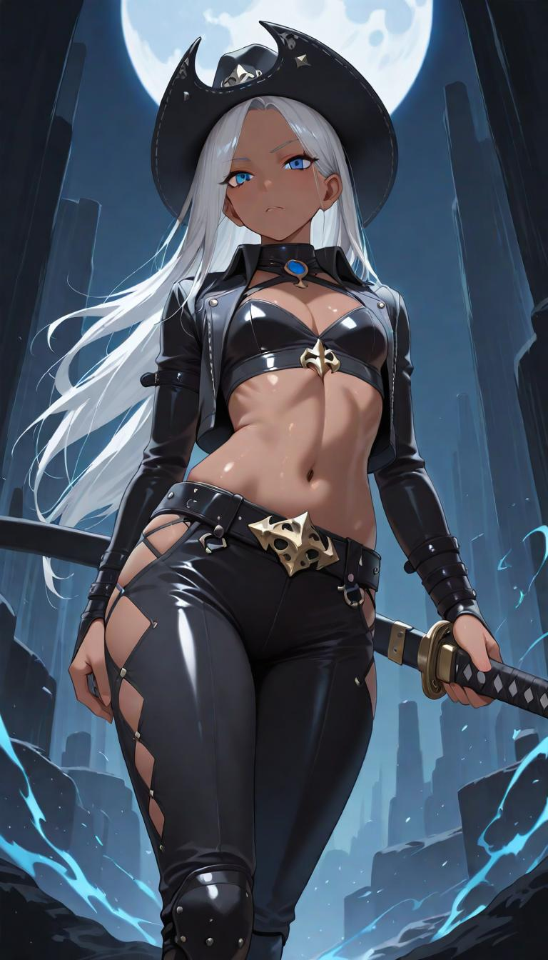 1girl, vampire, cowboy mixed samurai, dark skin, toned, alternate costume, breasts, cleavage, hat, flat breasts, short l