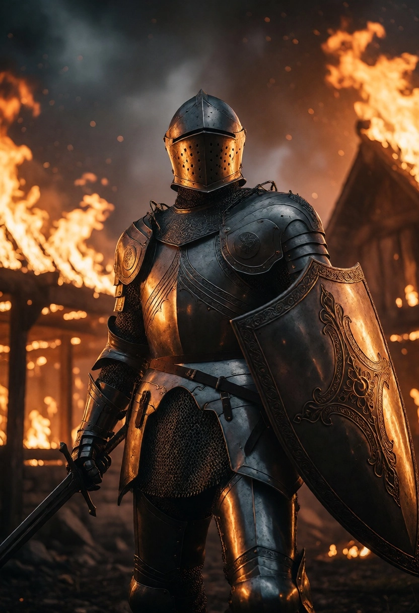 A lone knight in intricately detailed, shimmering silver armor stands defiantly amidst a burning village, holding a mass