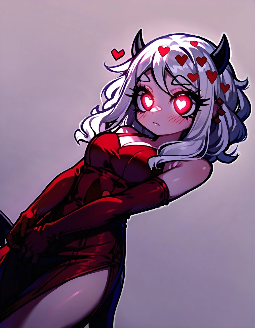 Helltaker Modeus, red corset, white hair, small cute black horns, heart hair clip, crimson eyes, piercing eyes glowing i