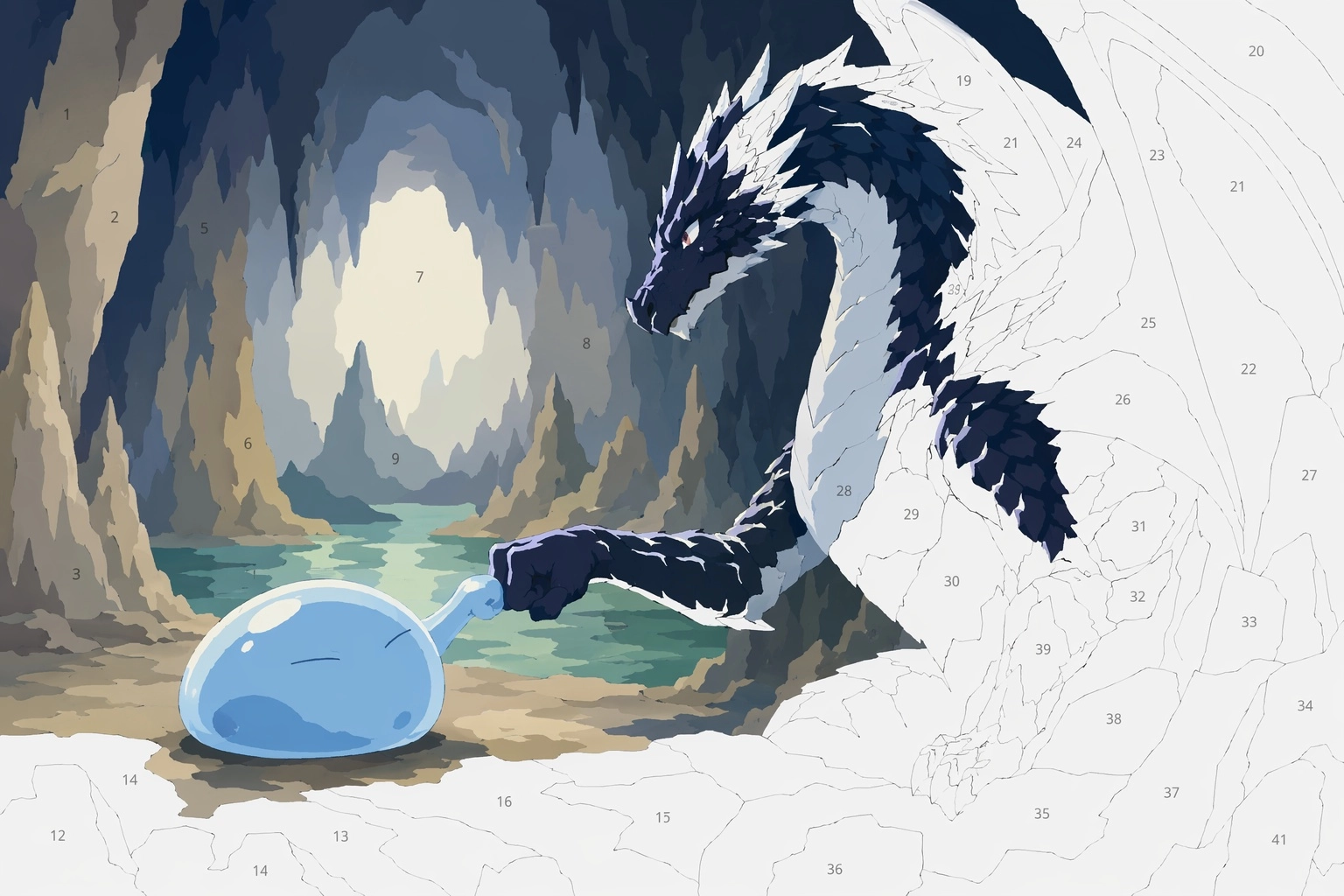 Rimuru Tempest in slime form, fist bump with Veldora in dragon form. in a cavern. Painting yy numbers style, solid colou