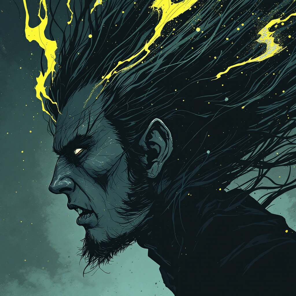 deeply stylized sharply angled deeply surreal manga/comic dark style, anime, expert animation, a man runs and bends spac