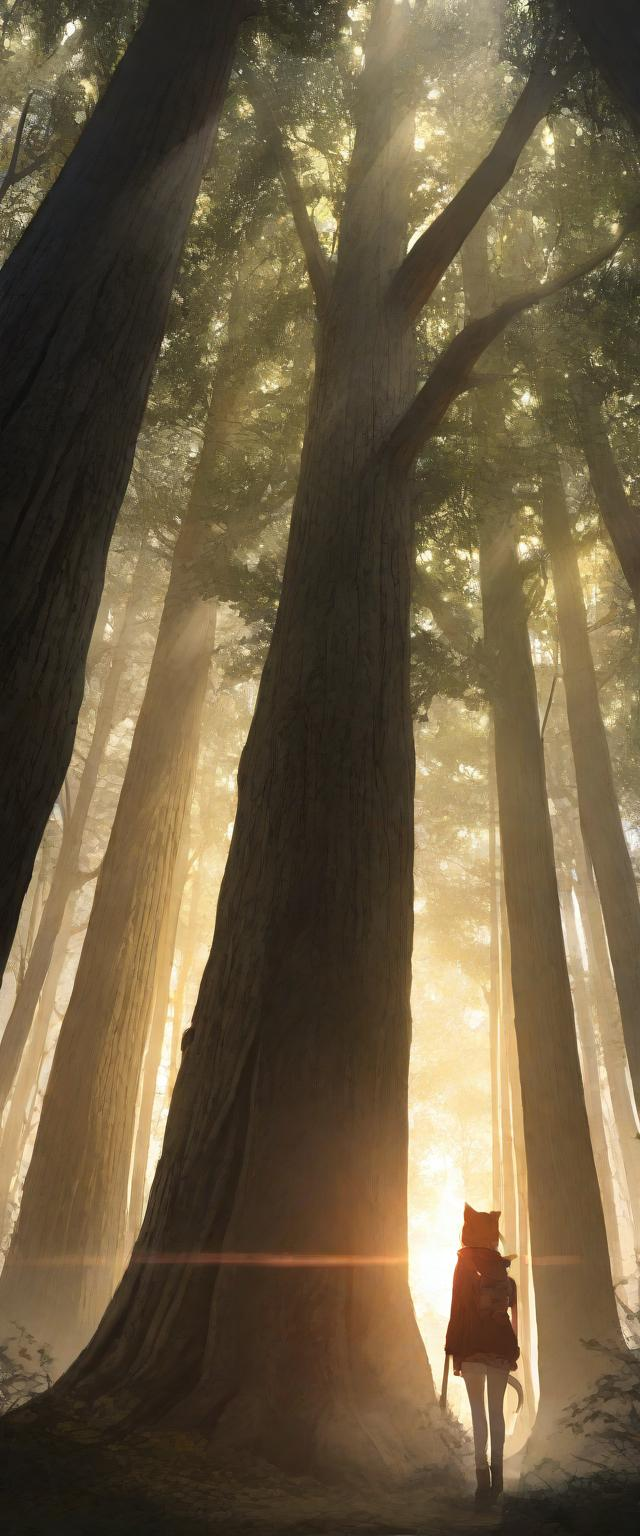 A dense forest at dawn, rays of sunlight piercing through the canopy"