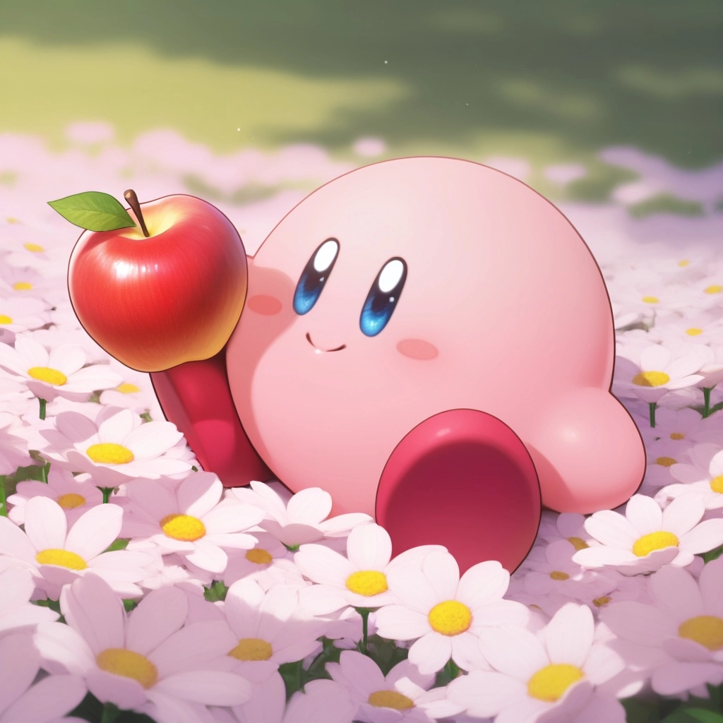 Kirby from Kirby. he is sitting in a bright field of flowers. he is holding an apple. he is smiling.