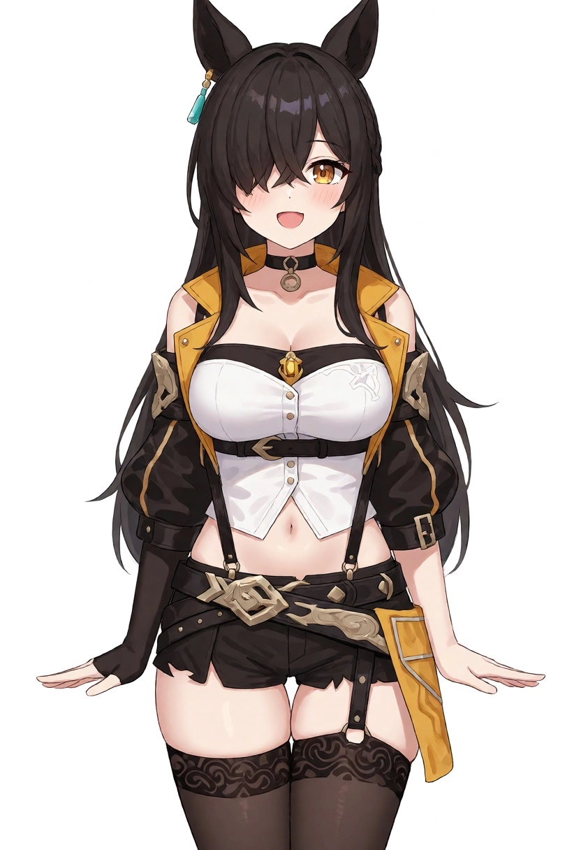Elegg_\(Nikke\), fullbody, standing with arms down at her side, hands out, palms down, cute pose, smile, hair over one e