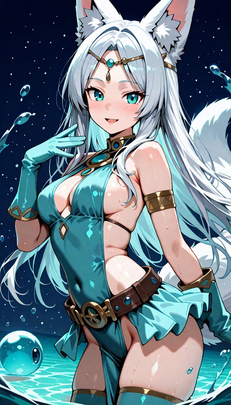 1 fox girl, aqua eyes, fox tail, tail raised, fox ears, long hair, silver hair, floating hair, (light smile:0.9), (open 