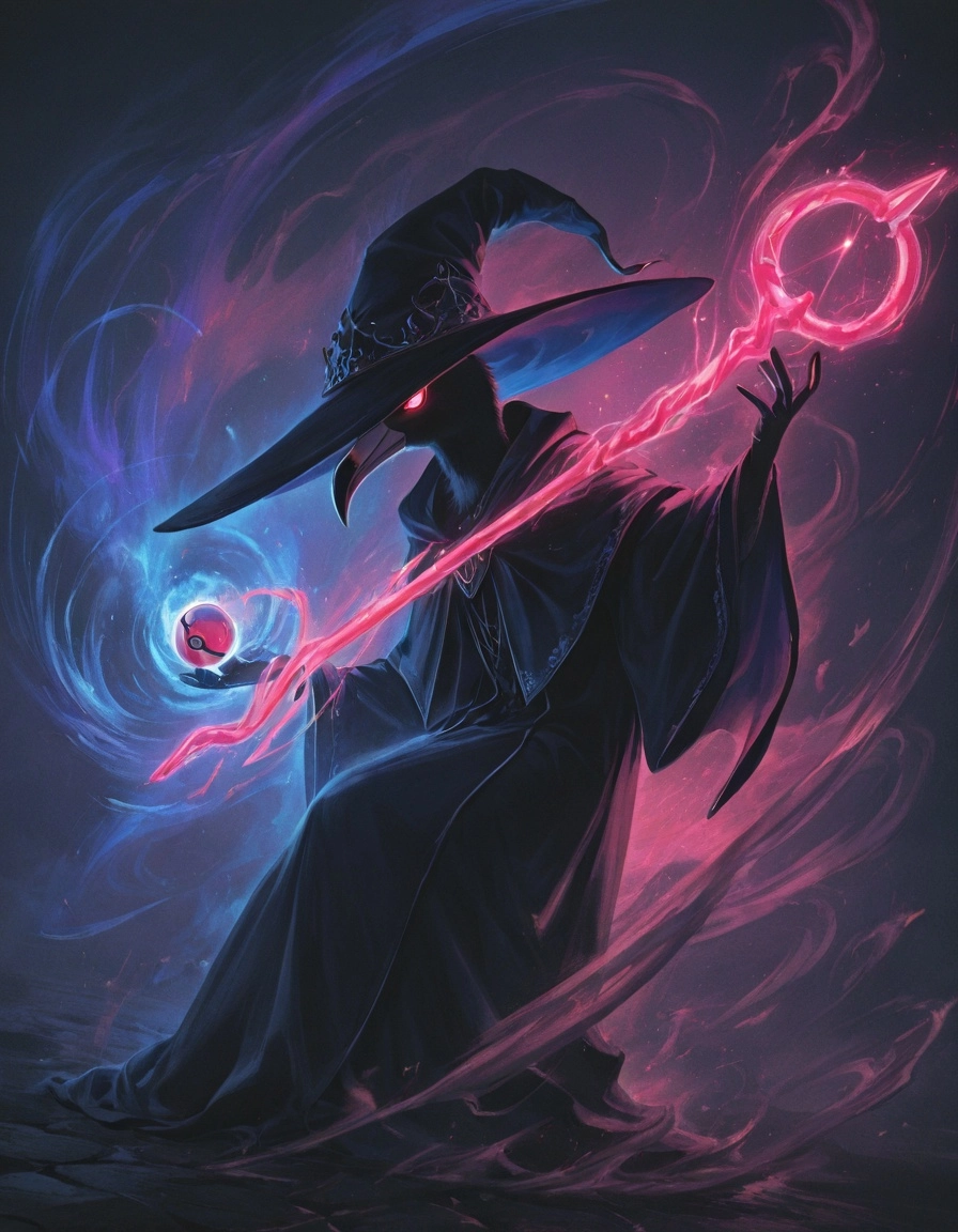 1male, flamingo, anthro, avian, pink feathers,  flowing prismatic blue mages  robe,  blue  wizard's hat, Golden mage's s