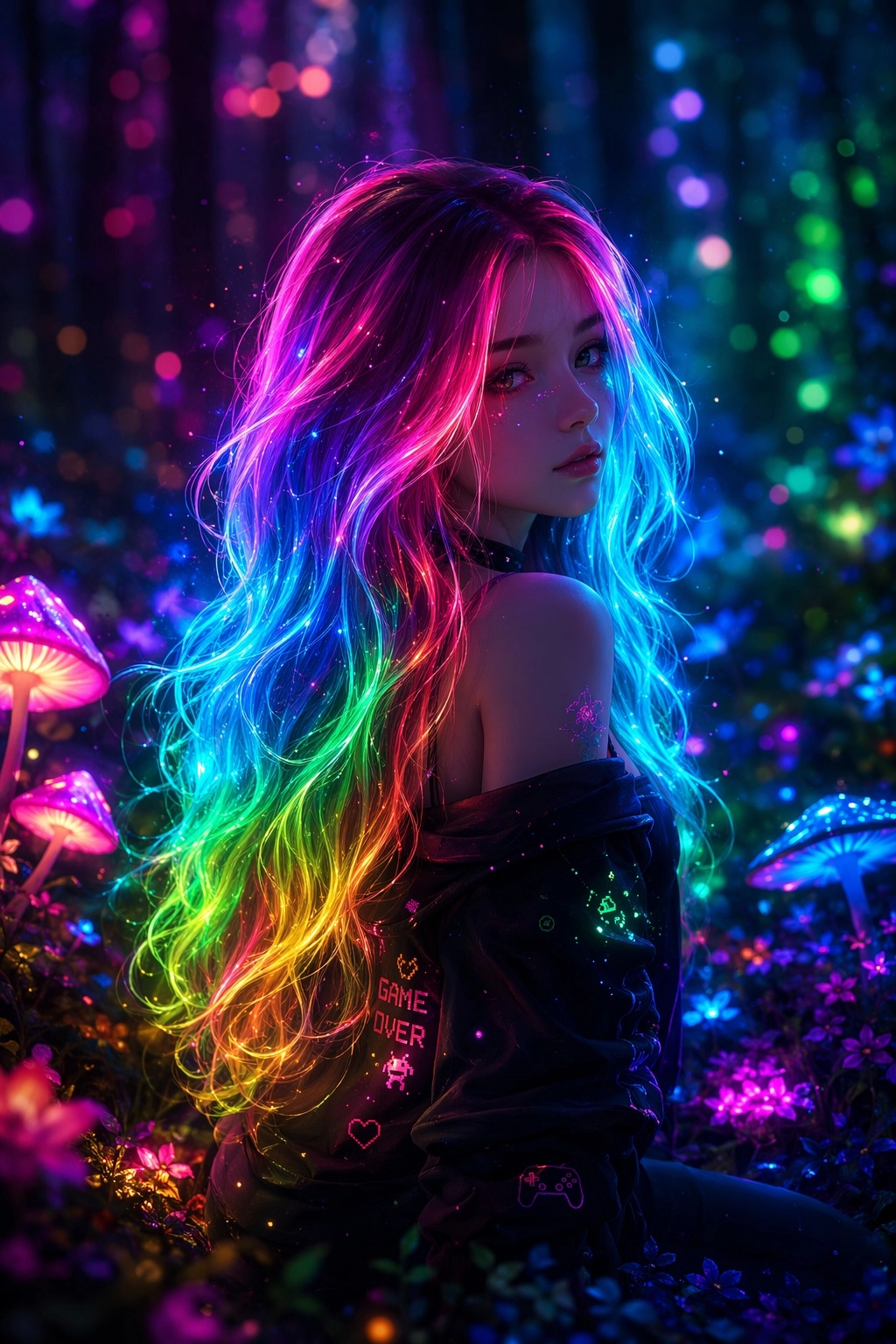 Girl with hair that glows like the RGB colors of a gamer keyboard. Desktop wallpaper. Background bokeh. Forest with flow