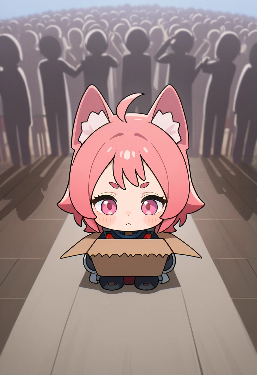 1girl, catgirl, short pink hair, pink eyes, cute expression, sitting, Gundam armor made of cardboard and tape, anime sty