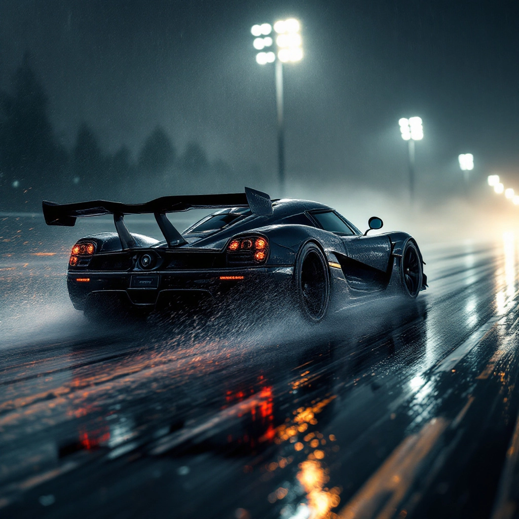 4UT0M0T!V3 High quality automotive photography, A high-performance sports car koenigsegg agera drifting through a wet ra