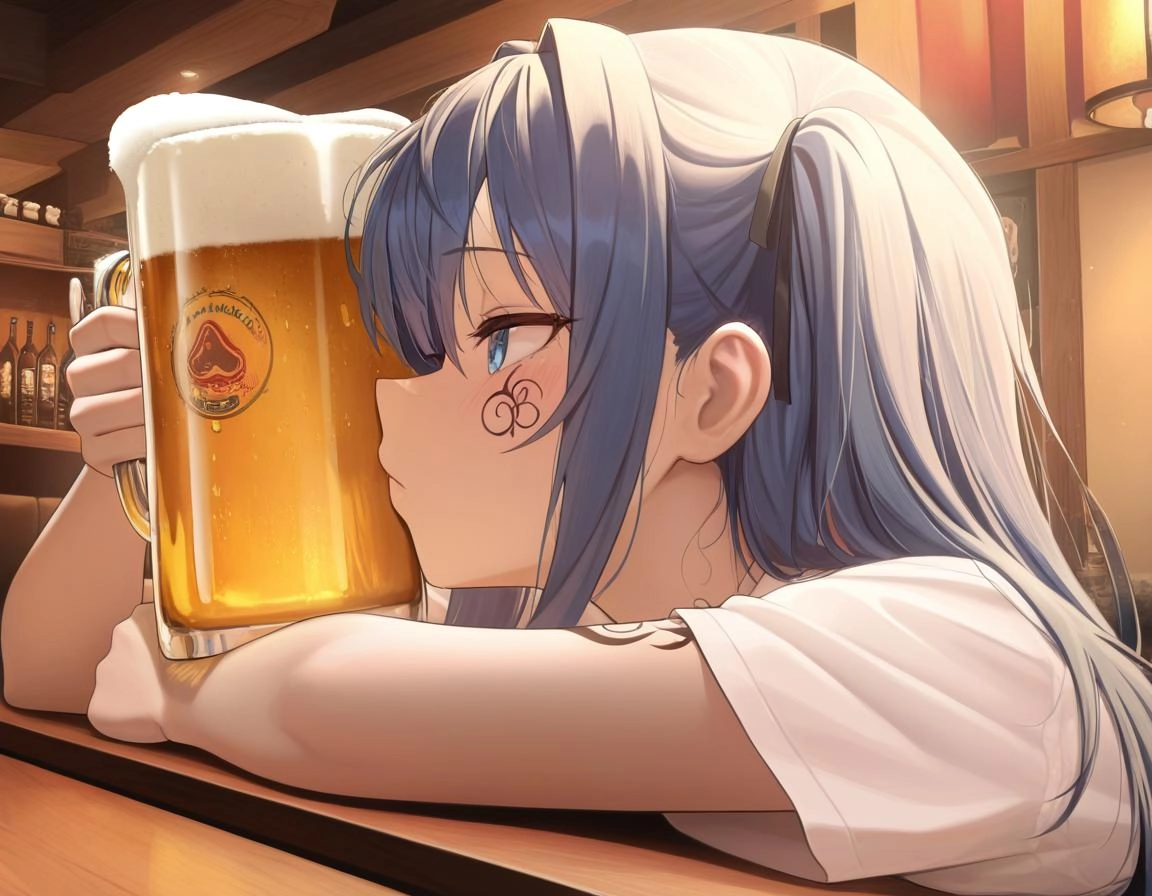 Two anime girls with pink and blue hair drink beer in a Japanese bar with face tattoos