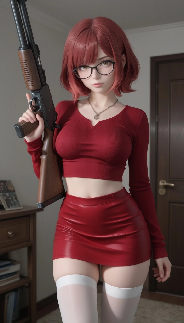 beautifull girl, short hair, red hair, glasses, red top and red miniskirt, white stay‑up stockings, in a room, hold a a 