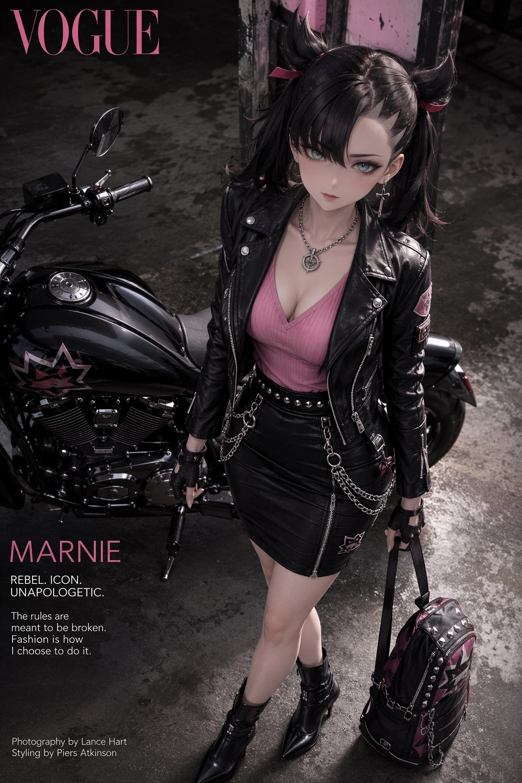 Pokemon Marnie standing by her motorcycle, she is wearing a leather jacket, pink v-neck top, silver necklace, studded be