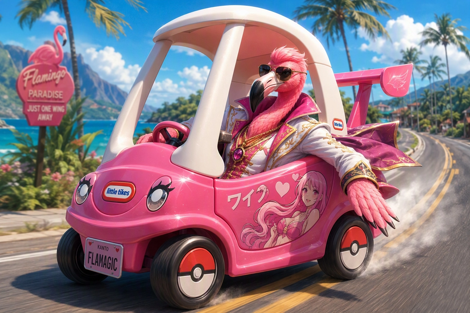 A male mage flamingo with fancy clothes, no hat, sunglasses, driving in a giant sized little tikes cozy coupe toy car wi