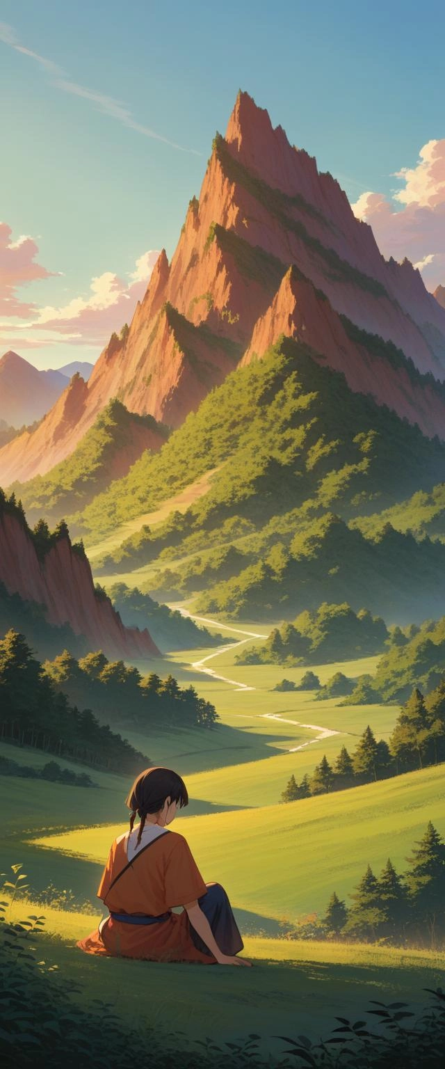 A serene landscape where dawn breaks over a valley, painting the sky in hues of orange and pink, with a silhouette of a 