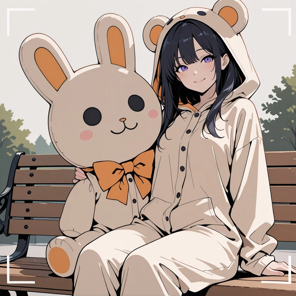 An illustration of a person wearing a mascot head of an anime girl's, almost like an anime doll's. She wears an onesie o
