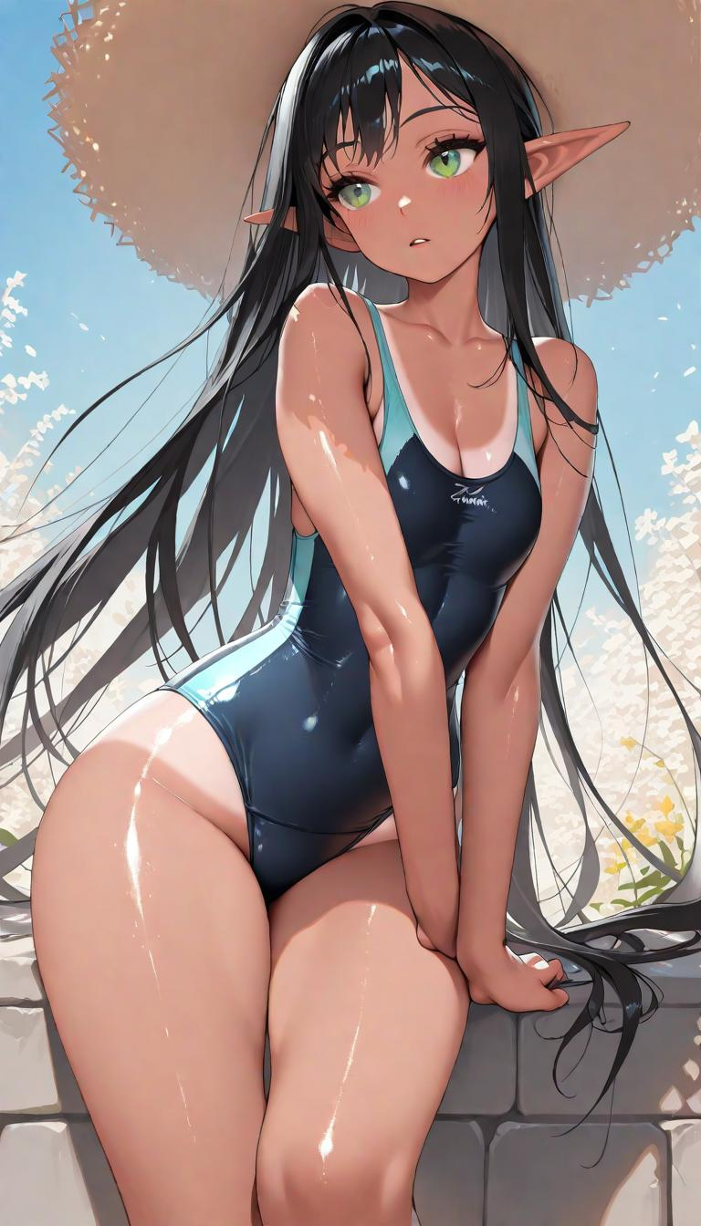 1girl, elf, dark skin, toned, blue sky, breasts, hat, flat breasts, very long hair, sky, solo, black hair, green eyes, a