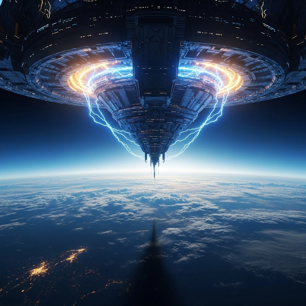 A colossal, futuristic space station hovers just above Earth’s atmosphere, its massive metallic structure glowing with p