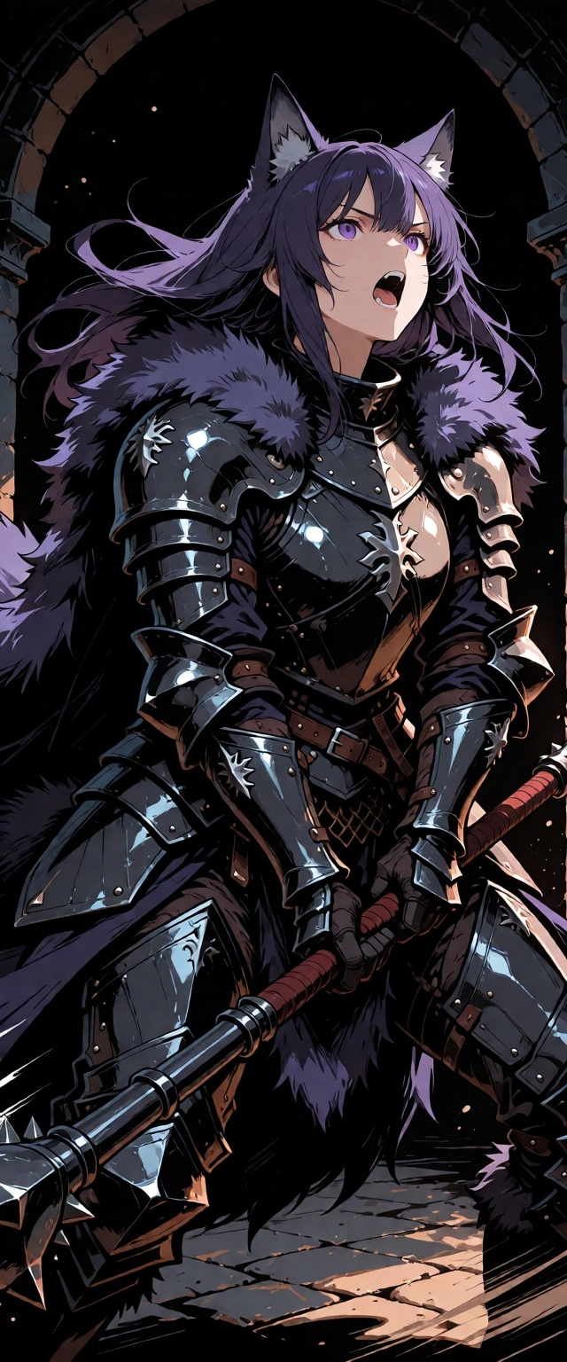 1girl, female, human,  wolf ears, dark  black shadowy black metal plate armour,  dark purple wolf pelt,  brutal two hand