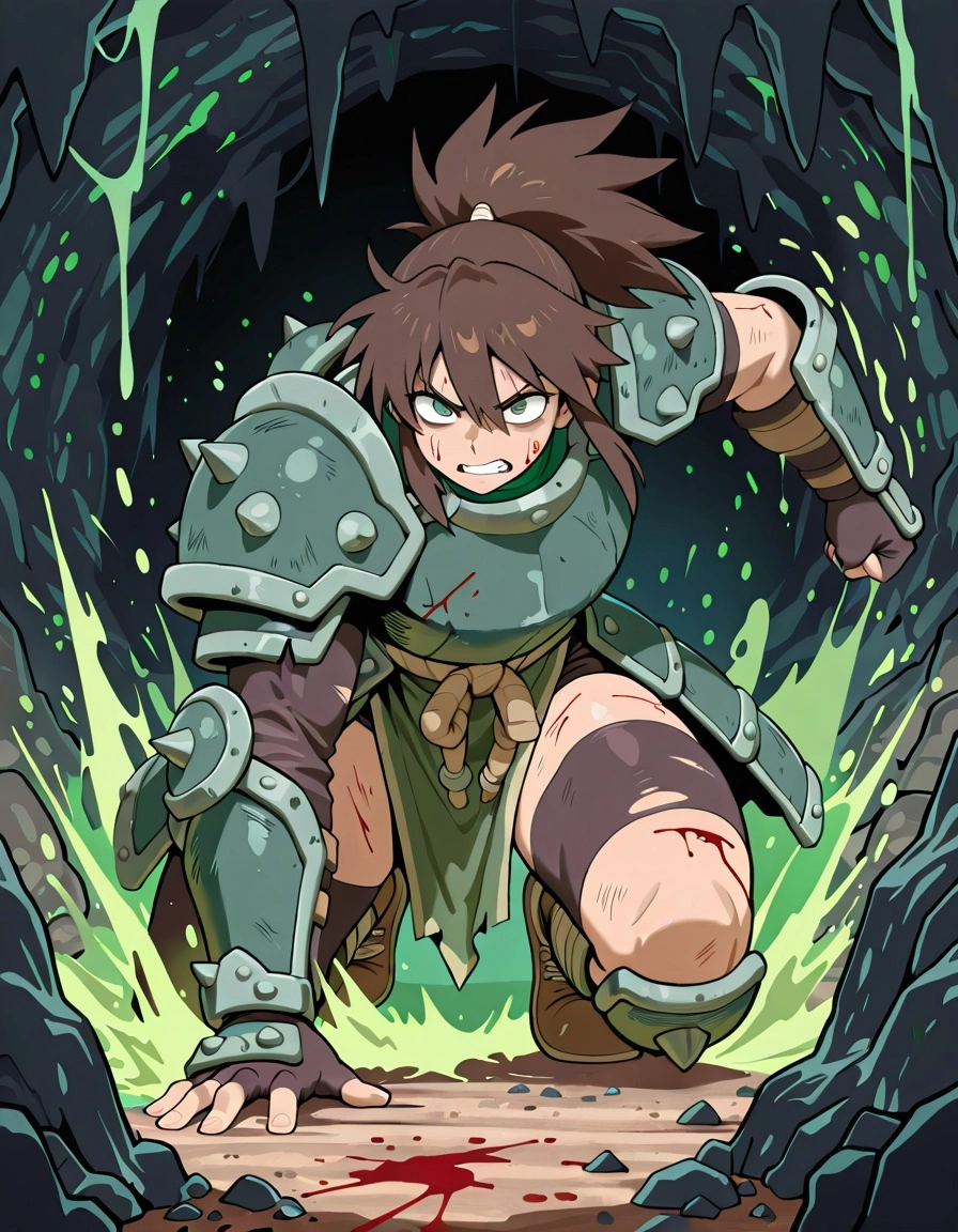 brown hair anime warrior, injured by toxin, damaged armour,struggle, cave exporation, blood, green slyme, паук готовиься