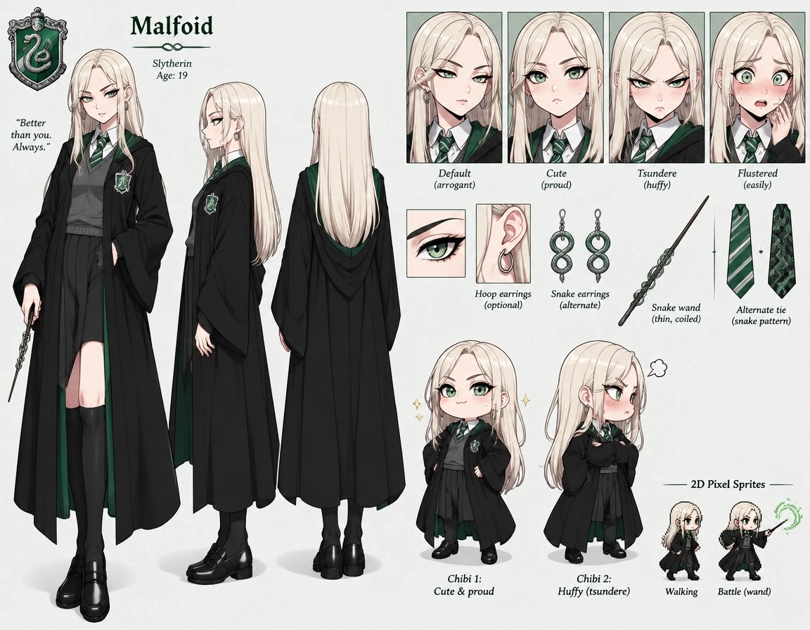 A female Draco Malfoy referred to only as "Malfoid". 19 years old. Full-body cel-shaded anime illustration and turnaroun