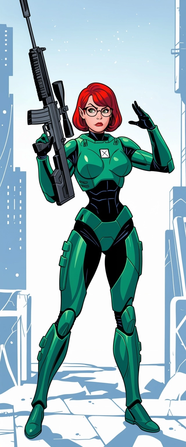 Female elf, red short hair, glasses, alien ship, cyber warrior, power armor, tech sniper rifle, fight pose