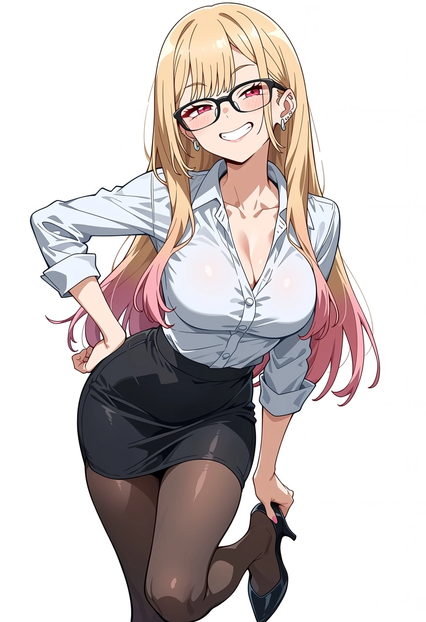 Marin Kitagawa as a stylish office worker, wearing a form-fitting white blouse with the top button undone showing a hint