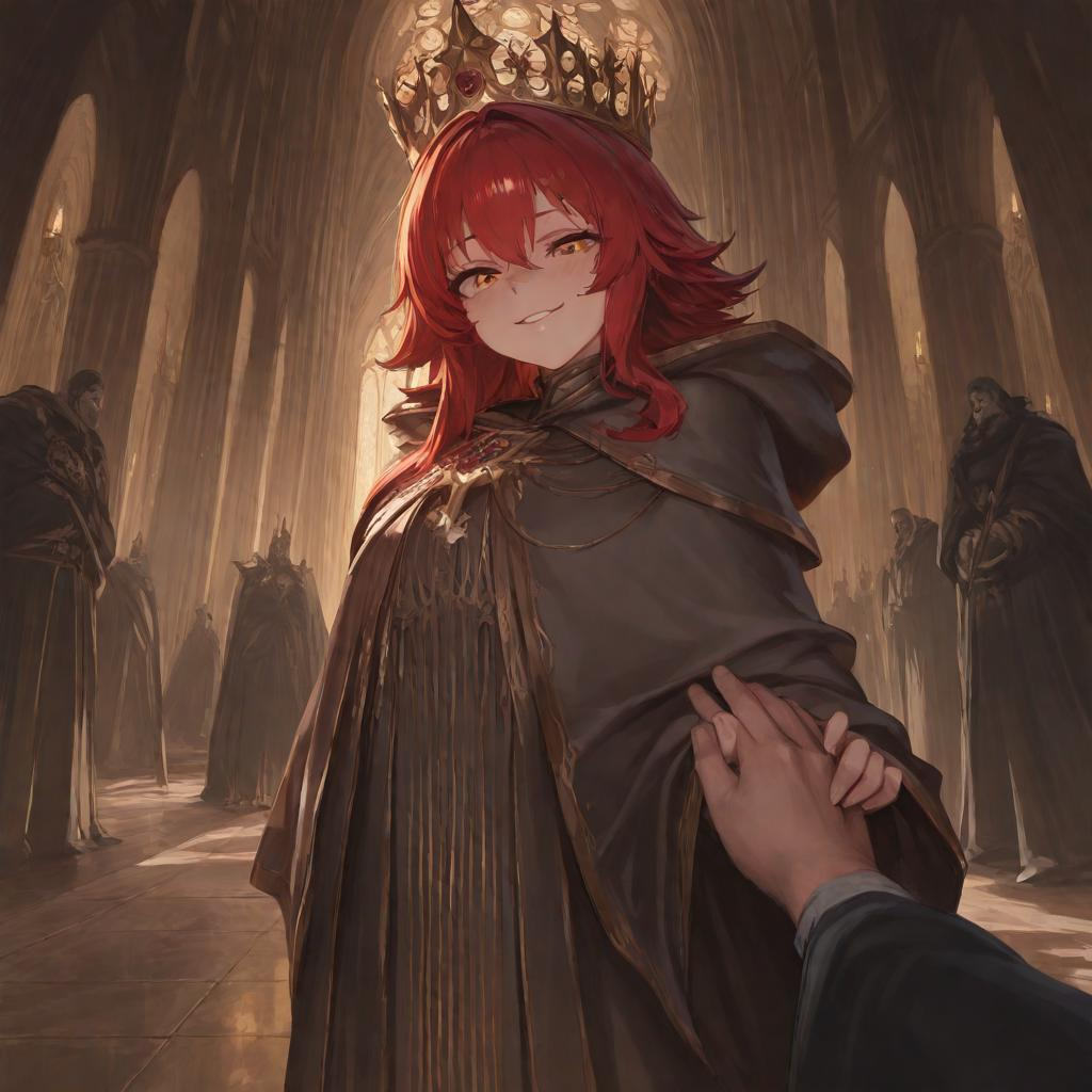 Tableau of a wary swordswoman looks upon the fae king’s quirky court with disdain, wide open cathedral hall fit for an e