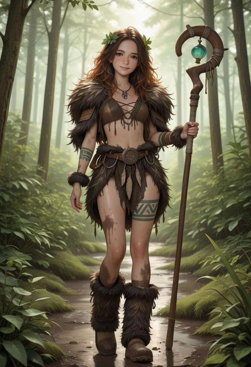 1girl, brown hair, freckles,wild hair, leaves in hair, hazel eyes, light smile druid, fur armor, fur clothes, fur boots,