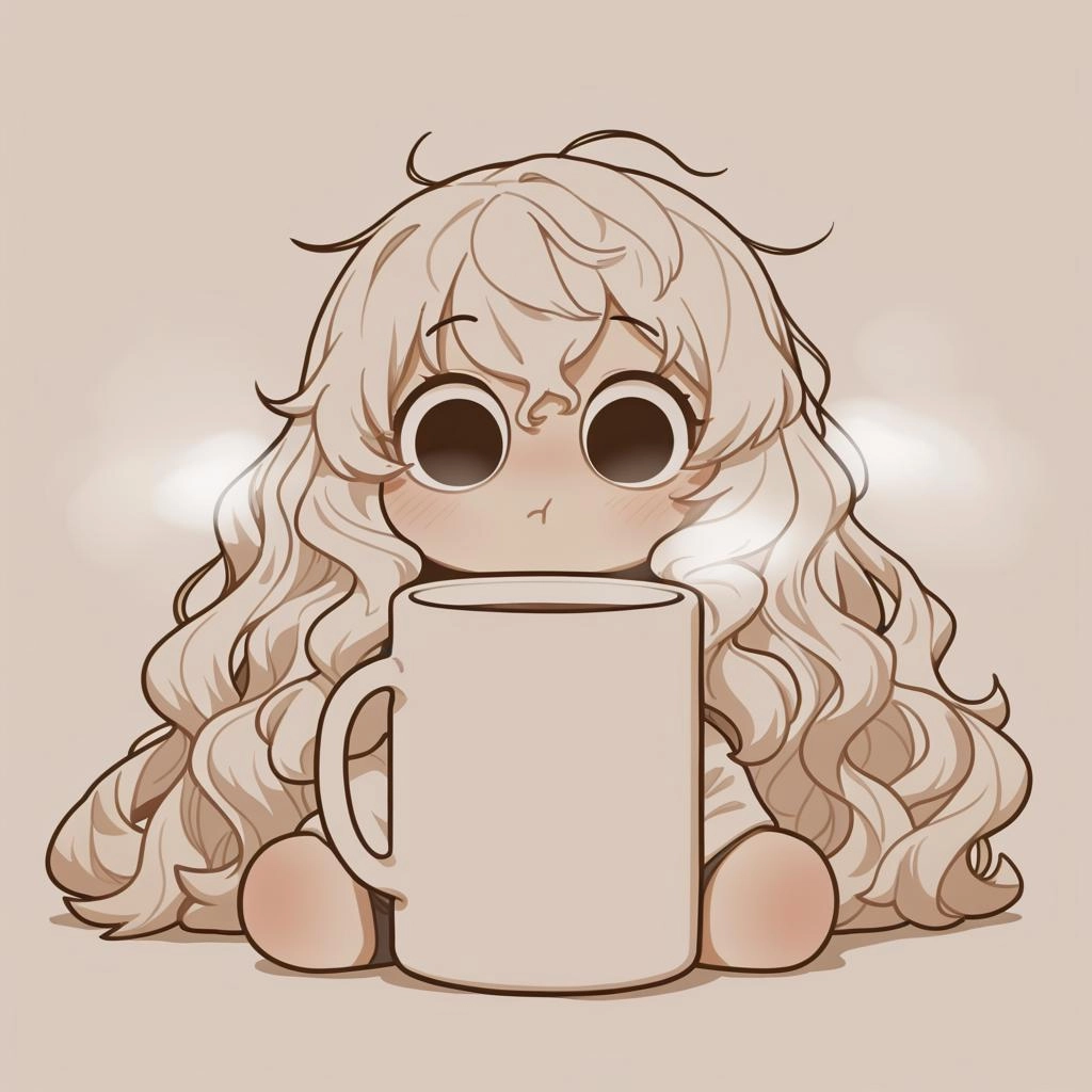 Adorable girl. 
Beautiful cute adorable round eyes.
Long wavy hair. 
Holding an oversized mug of steaming hot drink. 
Si