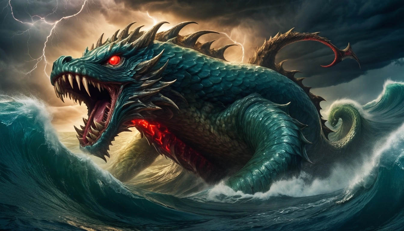 fantasy, long sea monster, tempest, ocean, serpent, fangs, emerging from the ocean during a storm, lightning, scales, 4 