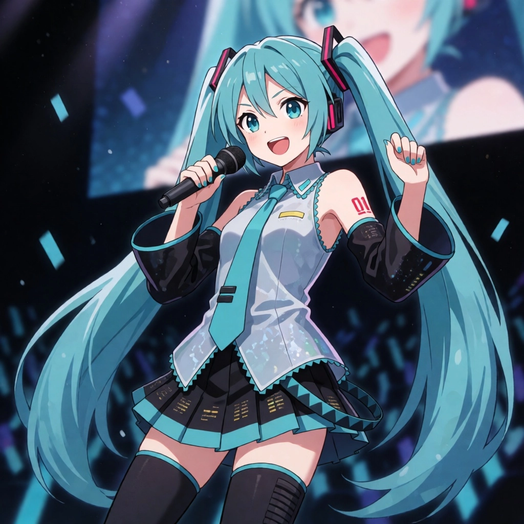 hatsune miku, huge boobs, massive tits, huge nipples, confident, nude, on stage, performing, singing microphone in hand,