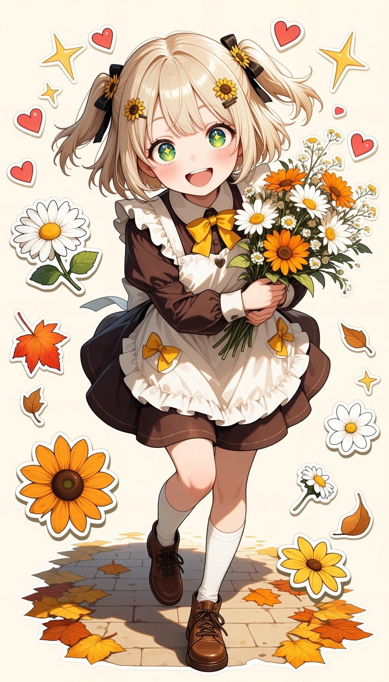 High-quality anime style illustration of a cheerful, cute girl with light blonde hair in two side pigtails, tied with bl