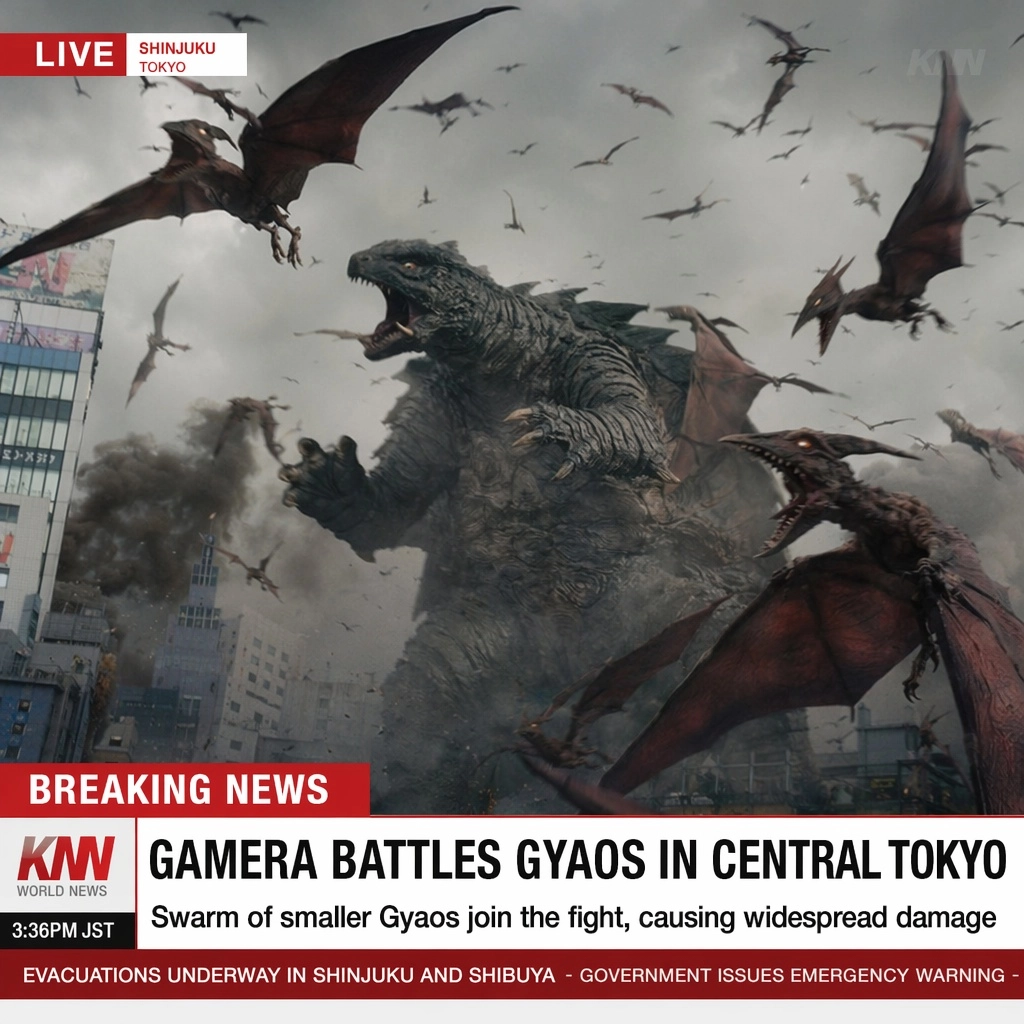 realistic japanese live breaking news story (the news story is in english) of gamera fighting gyaos with a swarm of smal