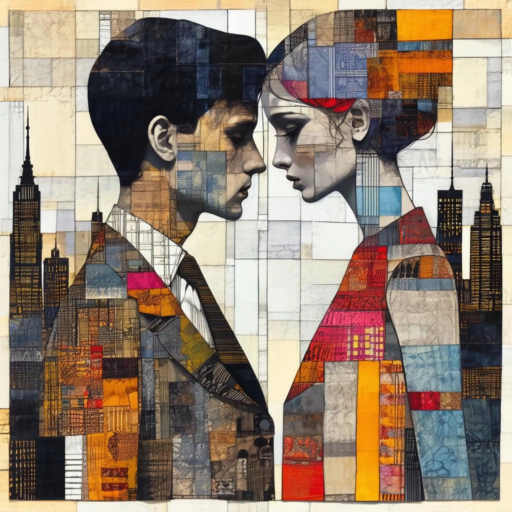 A distorted, dream-like scene of dysfunctional guy and his girlfriend in the city, reminiscent of Eileen Agar's surreali
