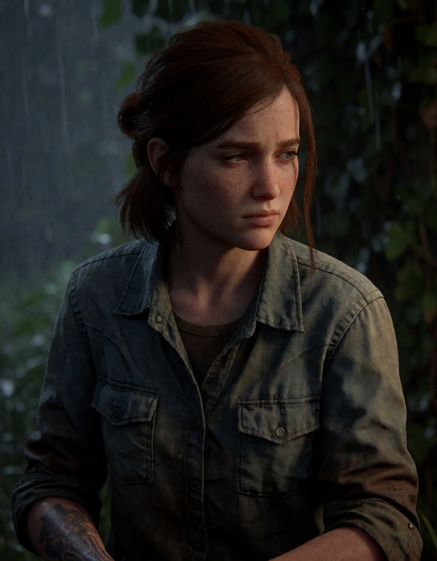 A gritty cinematic close-up of 19-year-old Ellie from The Last of Us Part 2. She has a serious, hardened expression, mes