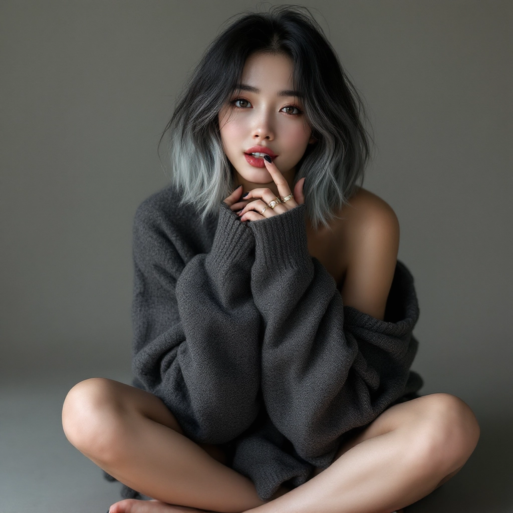 A photorealistic portrait of a beautiful Japanese woman in her early 20’s. she’s dressed in an oversized streetwear swea