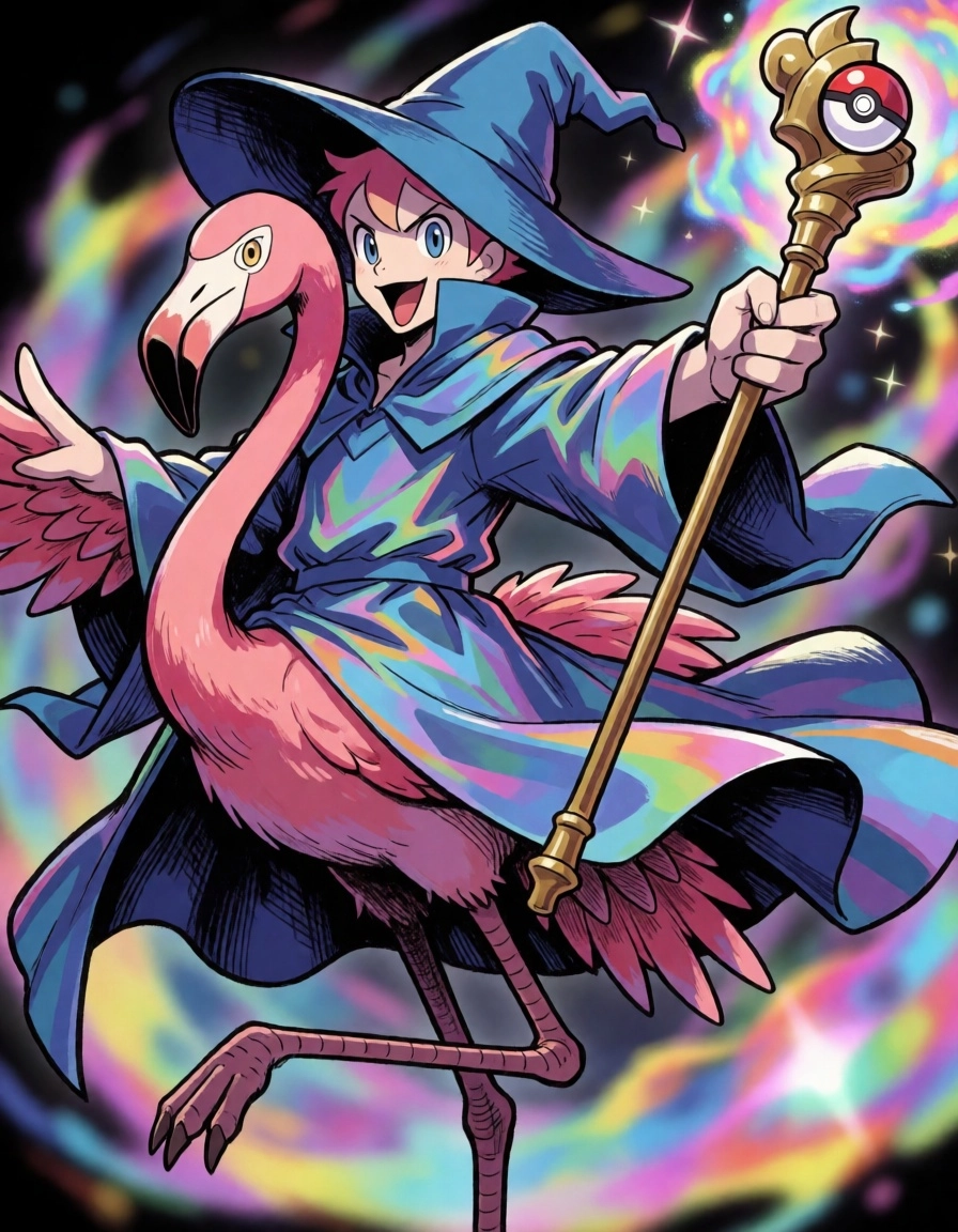 male, 1boy, flamingo, anthro, avian, pink feathers,  flowing prismatic blue mages  robe,  blue  wizard's hat, Golden mag