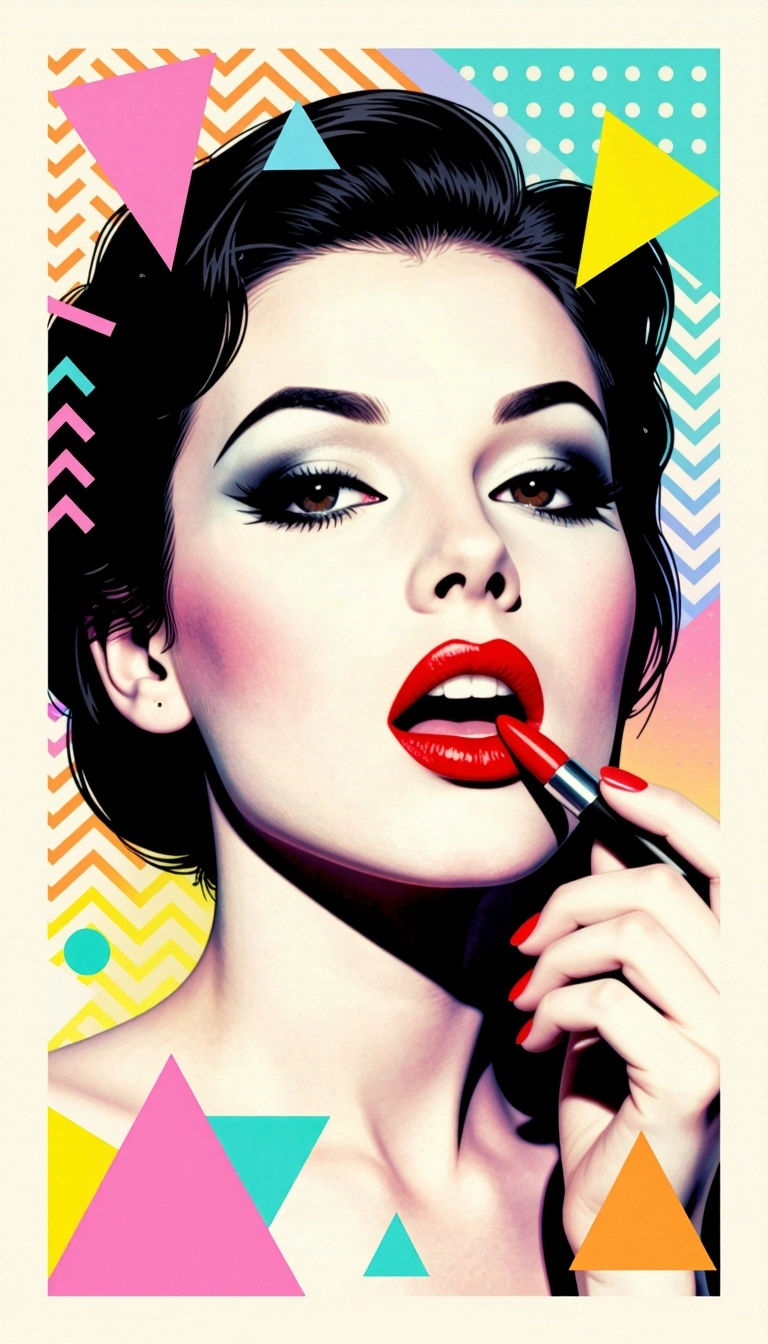 1980s New Wave graphic art illustration. A highly stylized woman's face, abstract features, applying bright red lipstick