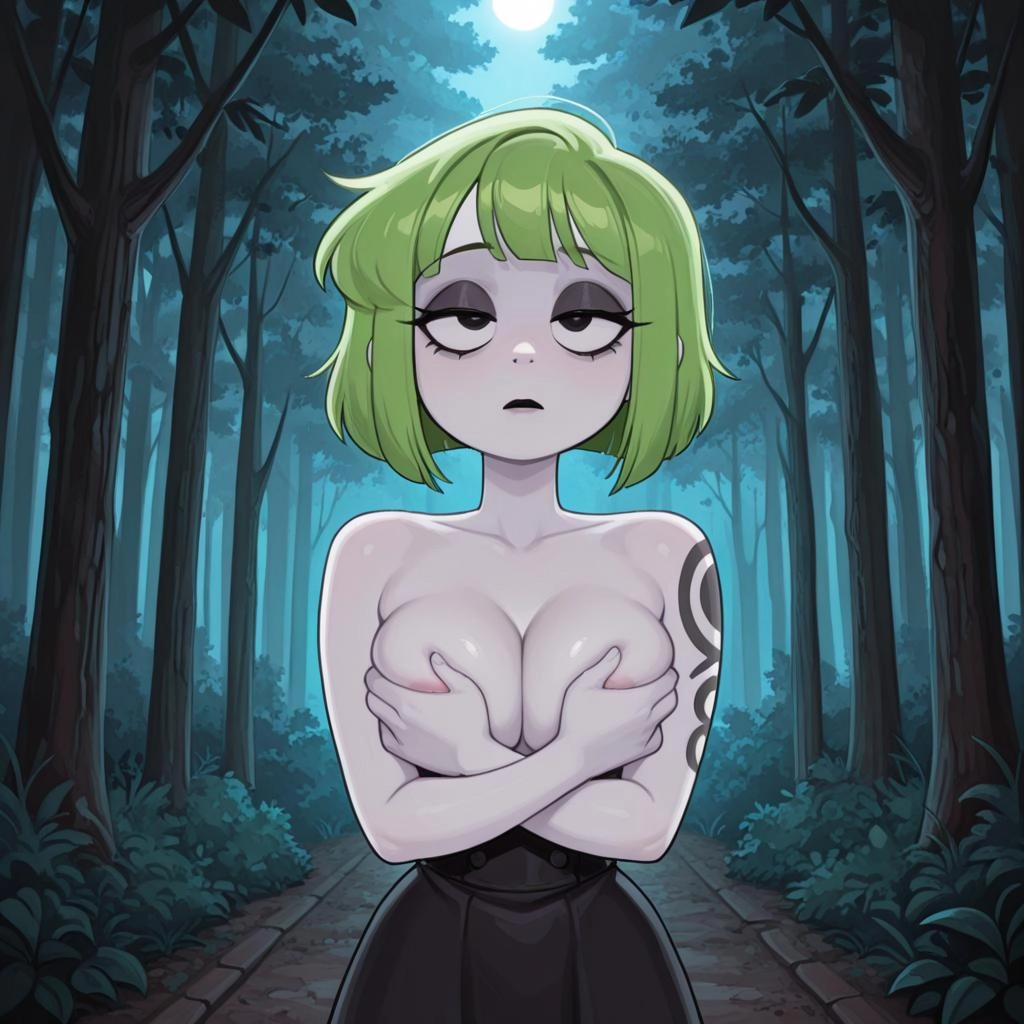 E girl very pale white skin slim build. green hair with bangs. Medium breast, She has black and grey tattoos. Goth style