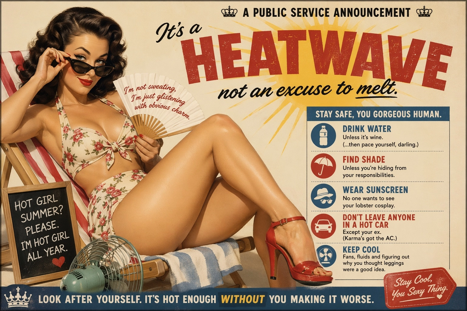 naughty, sarcastic, pun on words public service announcement (UK), stay safe during the heatwave. pin up model