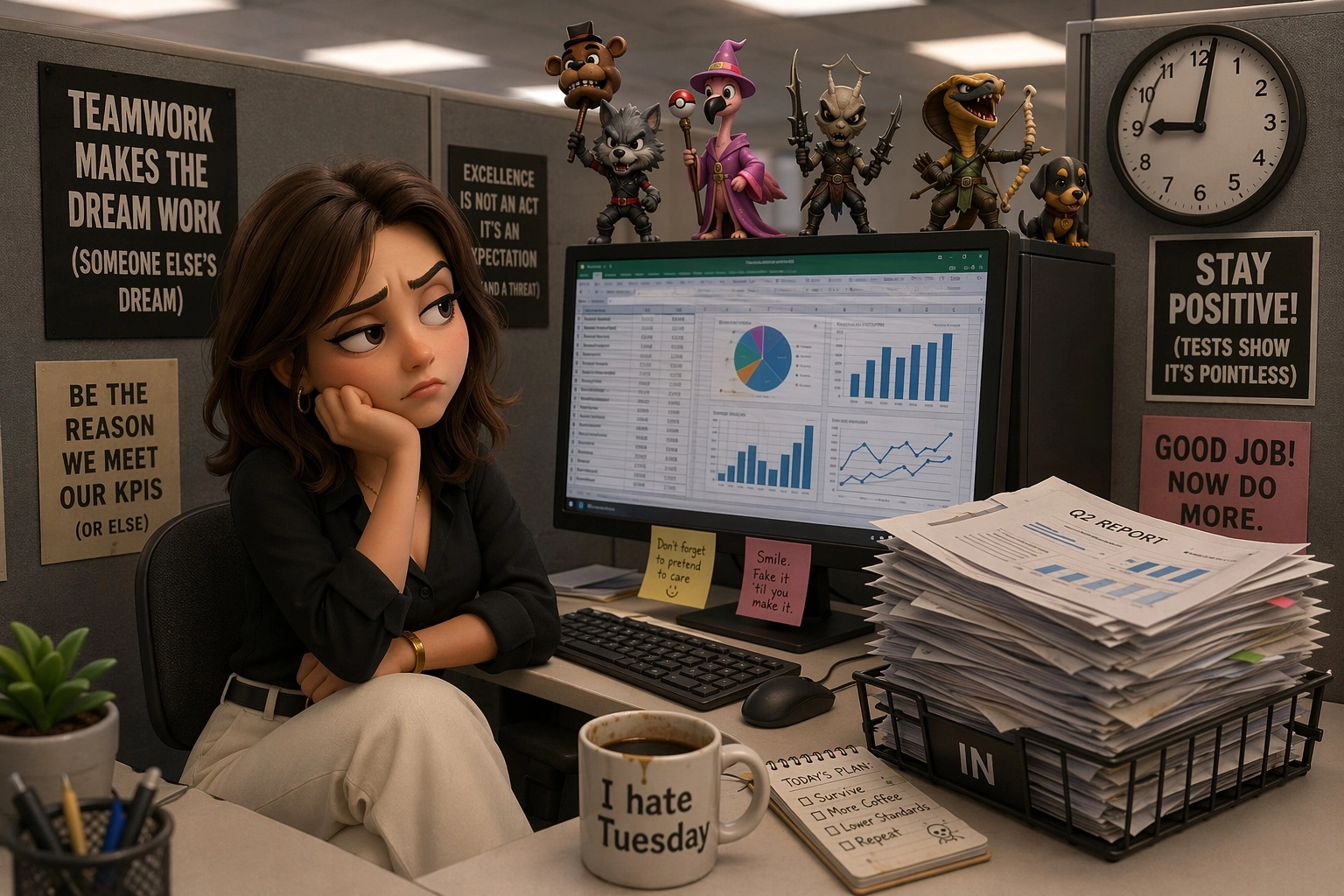3d Pixar art style, young woman- bored, frustrated, mid length brown hair, cream coloured slacks, black blouse sits at h