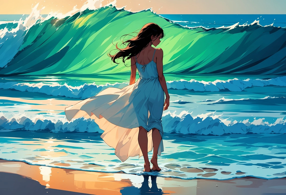 athletic girl standing bare foot on a beach at sunrise. stylized waves with vibrant colors. she has a long non see throu