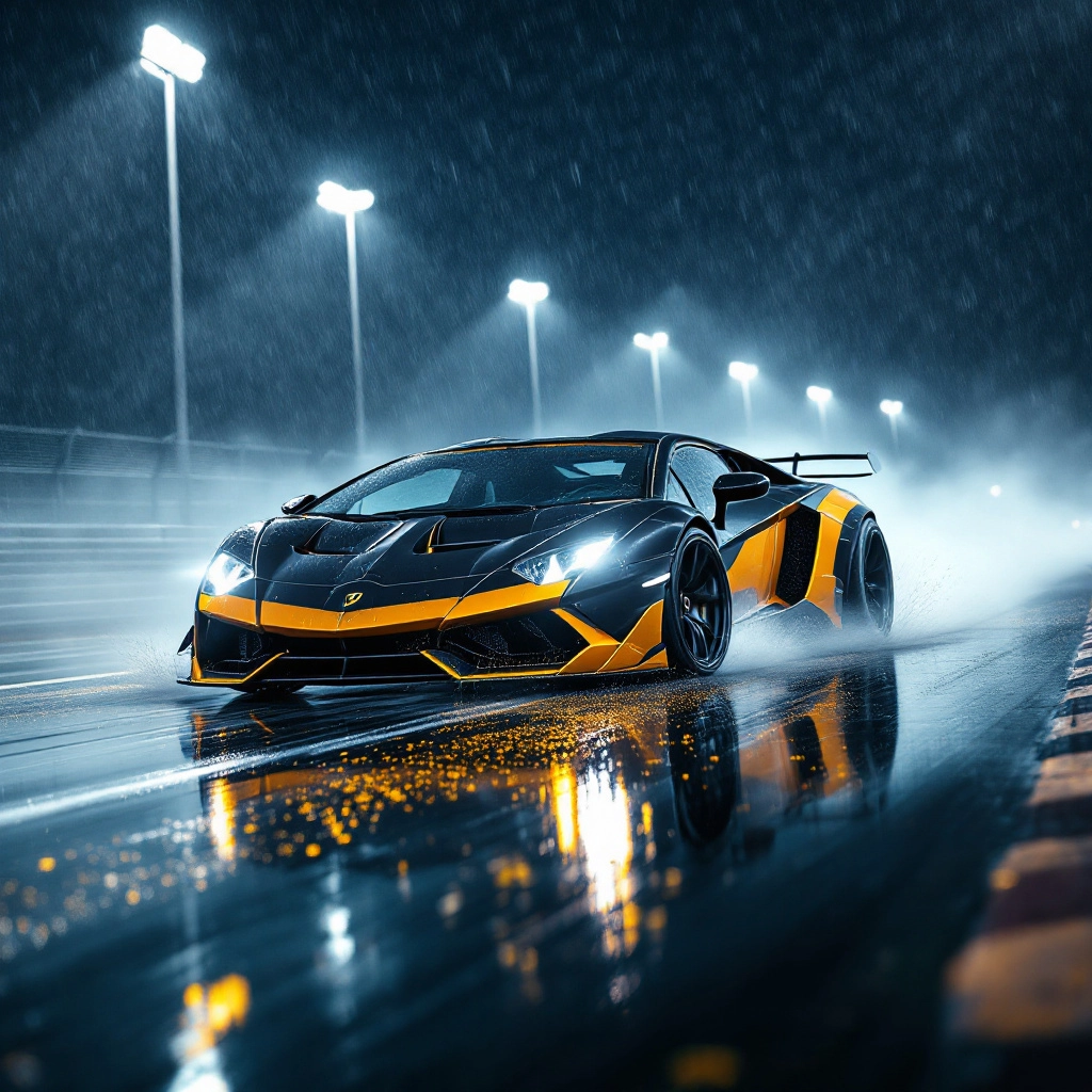 4UT0M0T!V3 High quality automotive photography, A high-performance sports car lamborghini drifting through a wet racetra