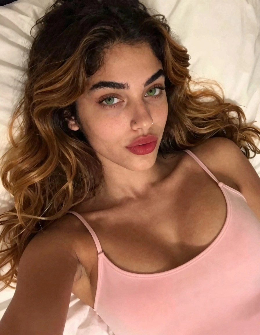 A candid, high-angle close-up smartphone selfie of a 21-year-old Italian-Latina woman with warm olive skin, lying on her