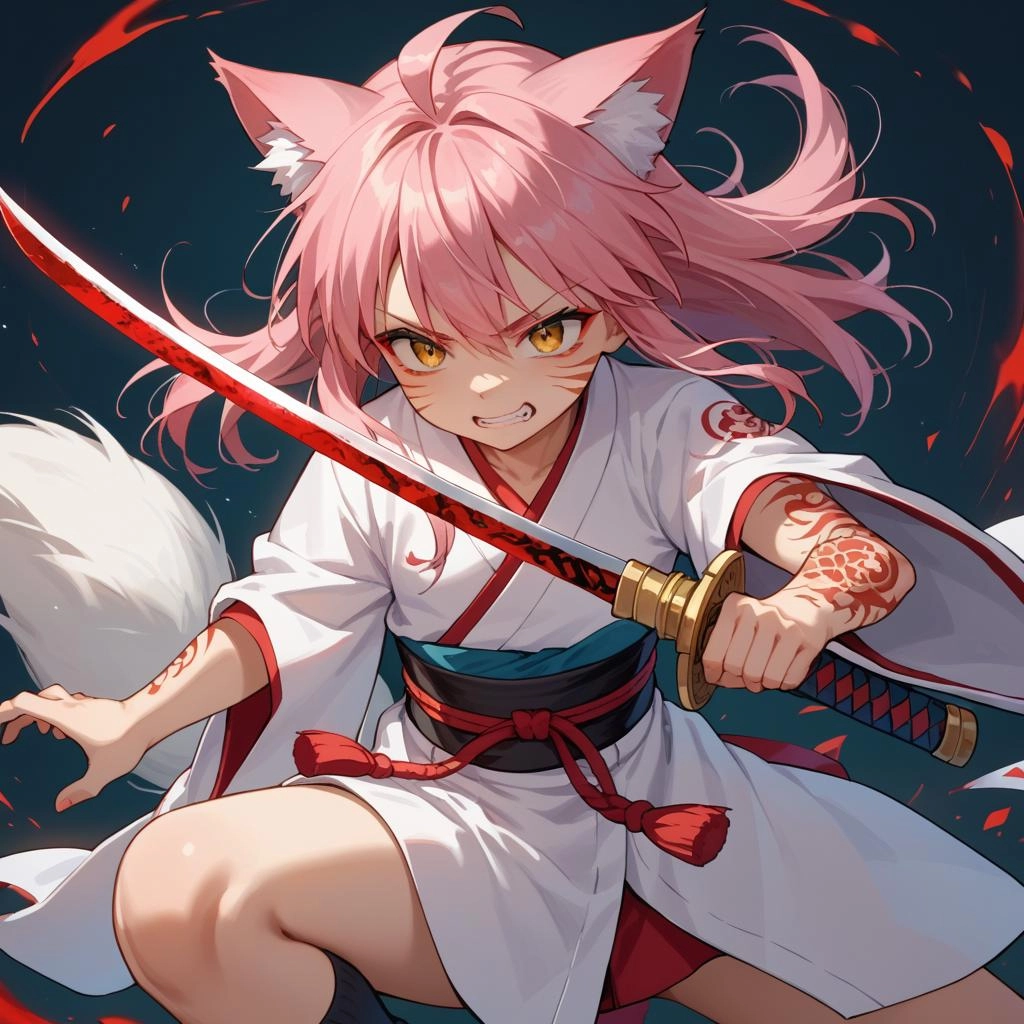 Young Samurai anime cat girl with body tattoos wielding a sword slicing with blood all over her with a menacing look on 